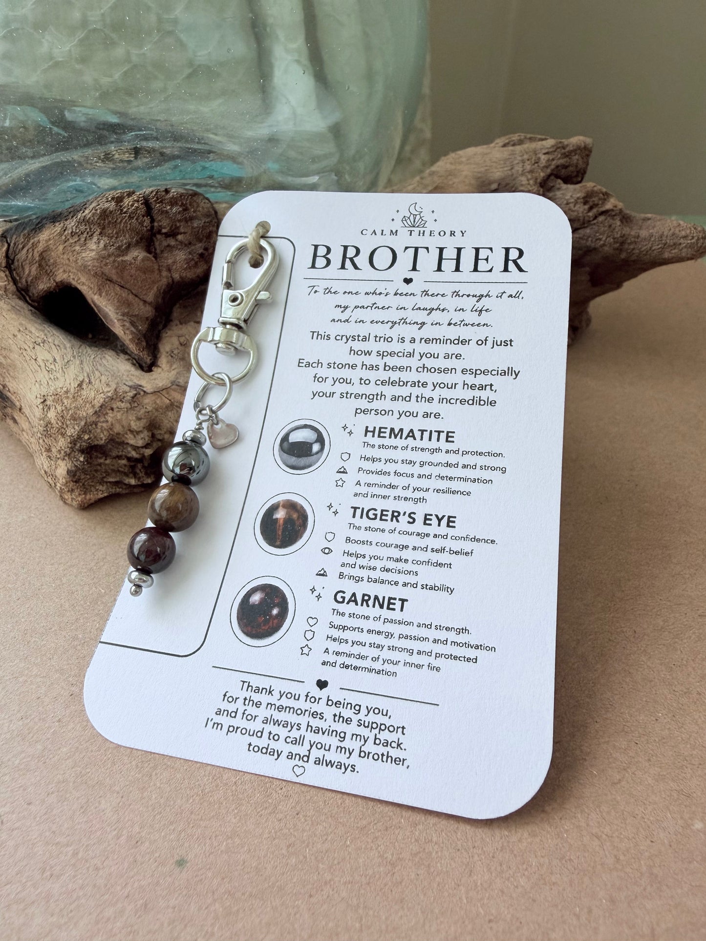 Brother Crystal Gemstone Keyring - Hematite, Tigers Eye, Garnet