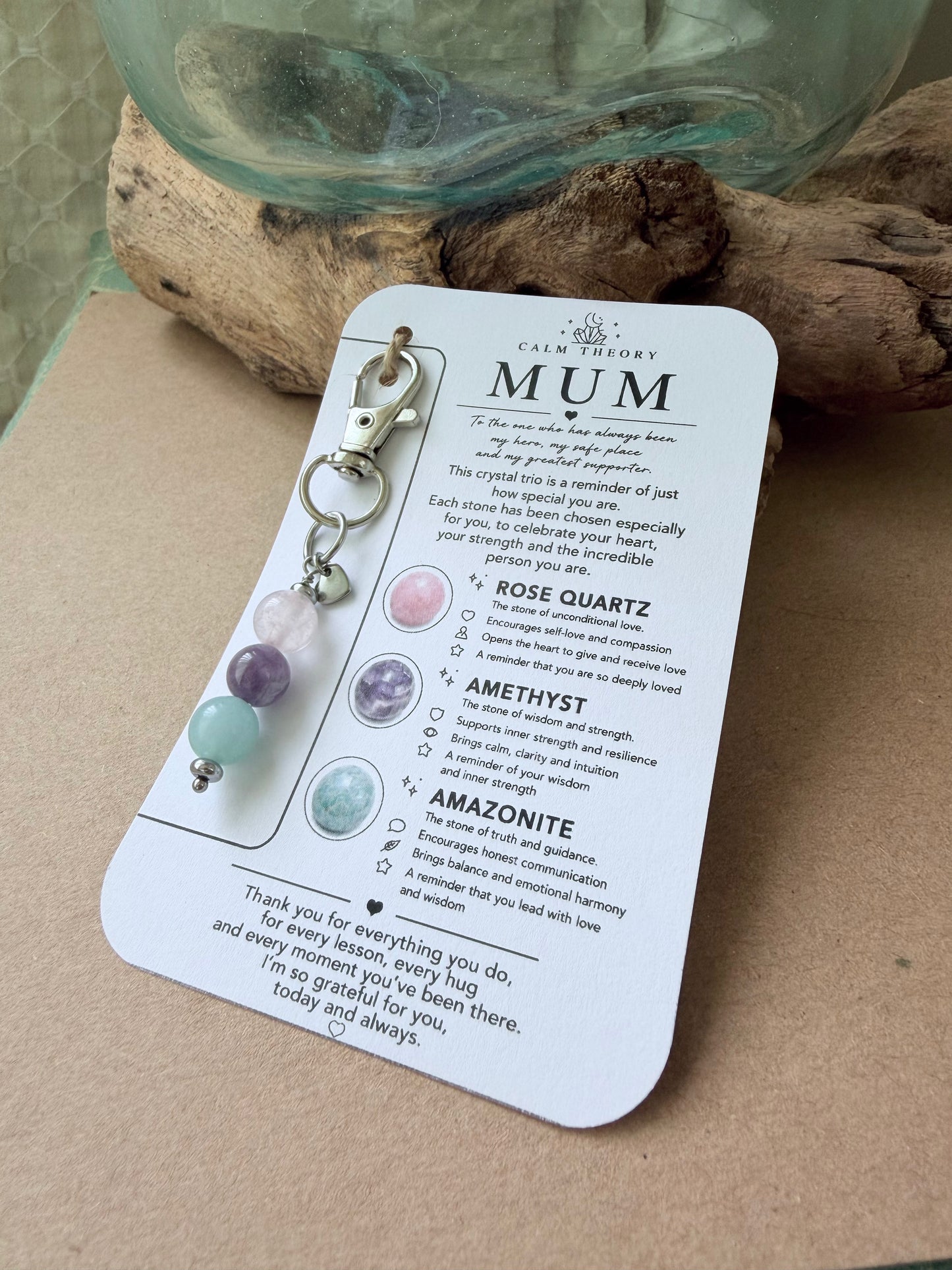 Mum Crystal Gemstone Keyring - Rose Quartz, Amethyst, Amazonite
