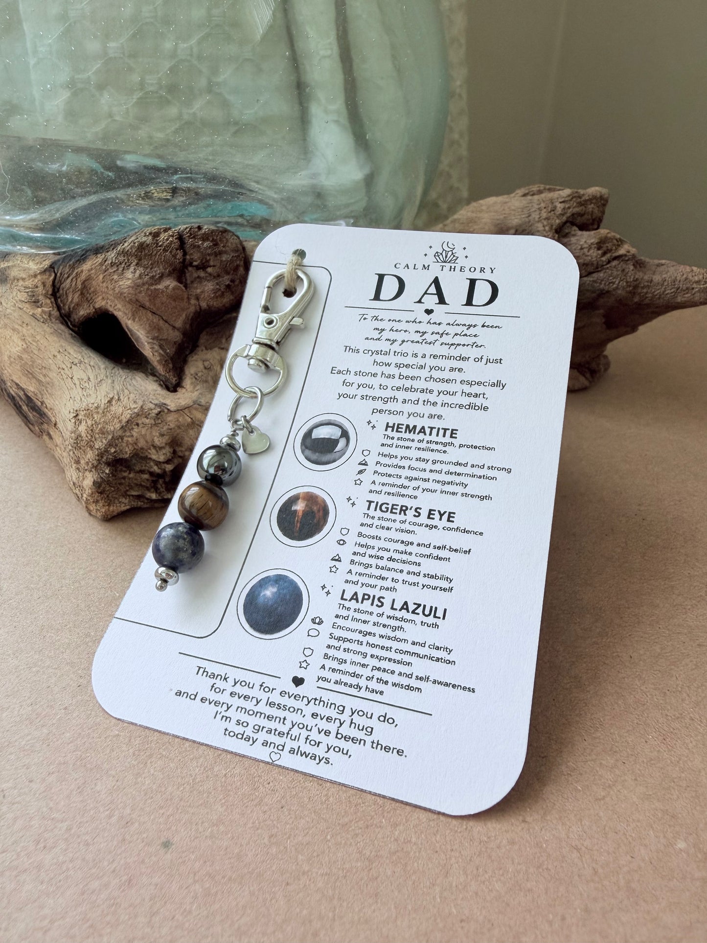 Dad Crystal Gemstone Keyring Gift - Hematite, Tigers eye, Lapis Lazuli
