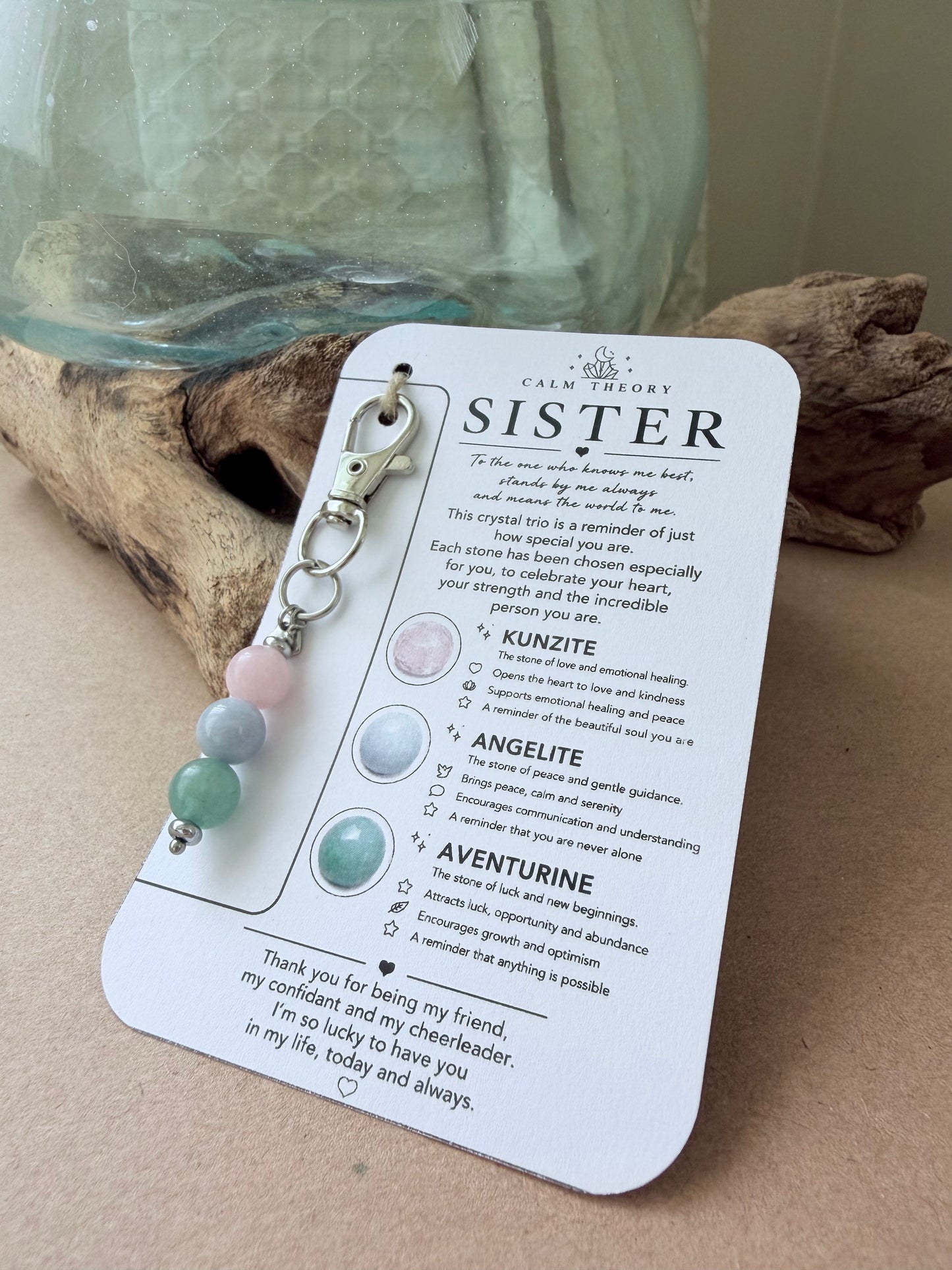 Sister Crystal Gemstone Keyring - Kunzite, Angelite, Aventurine