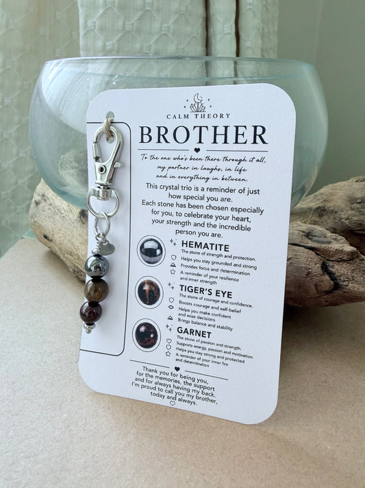 Brother Crystal Gemstone Keyring - Hematite, Tigers Eye, Garnet