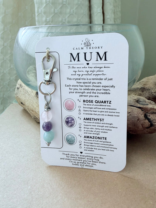 Mum Crystal Gemstone Keyring - Rose Quartz, Amethyst, Amazonite