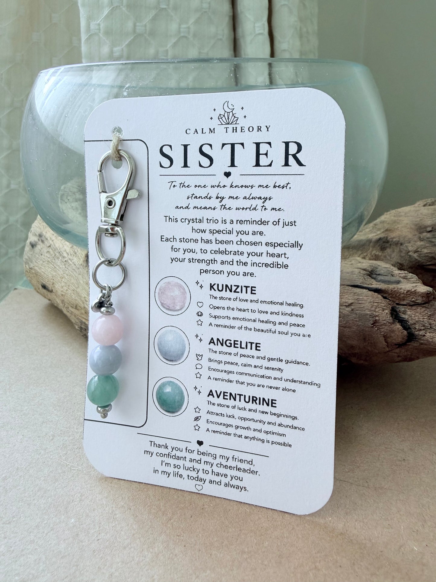 Sister Crystal Gemstone Keyring - Kunzite, Angelite, Aventurine