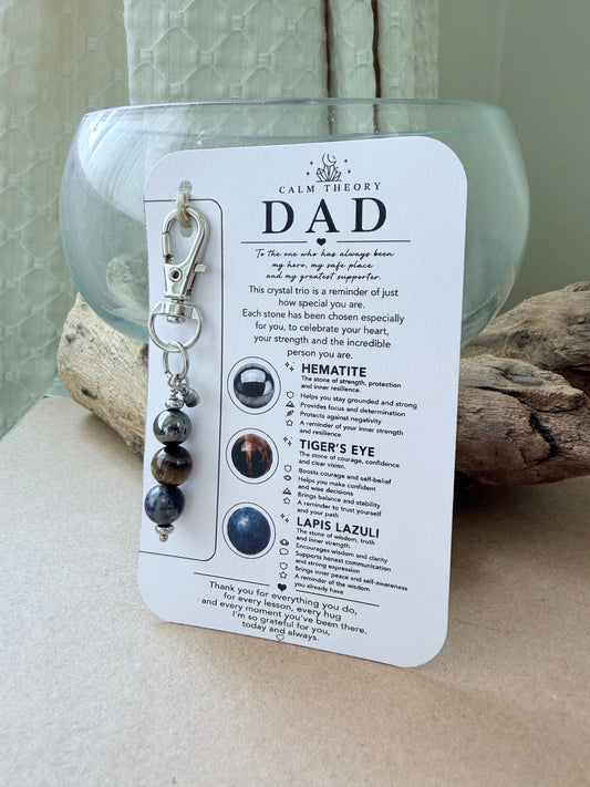 Dad Crystal Gemstone Keyring Gift - Hematite, Tigers eye, Lapis Lazuli